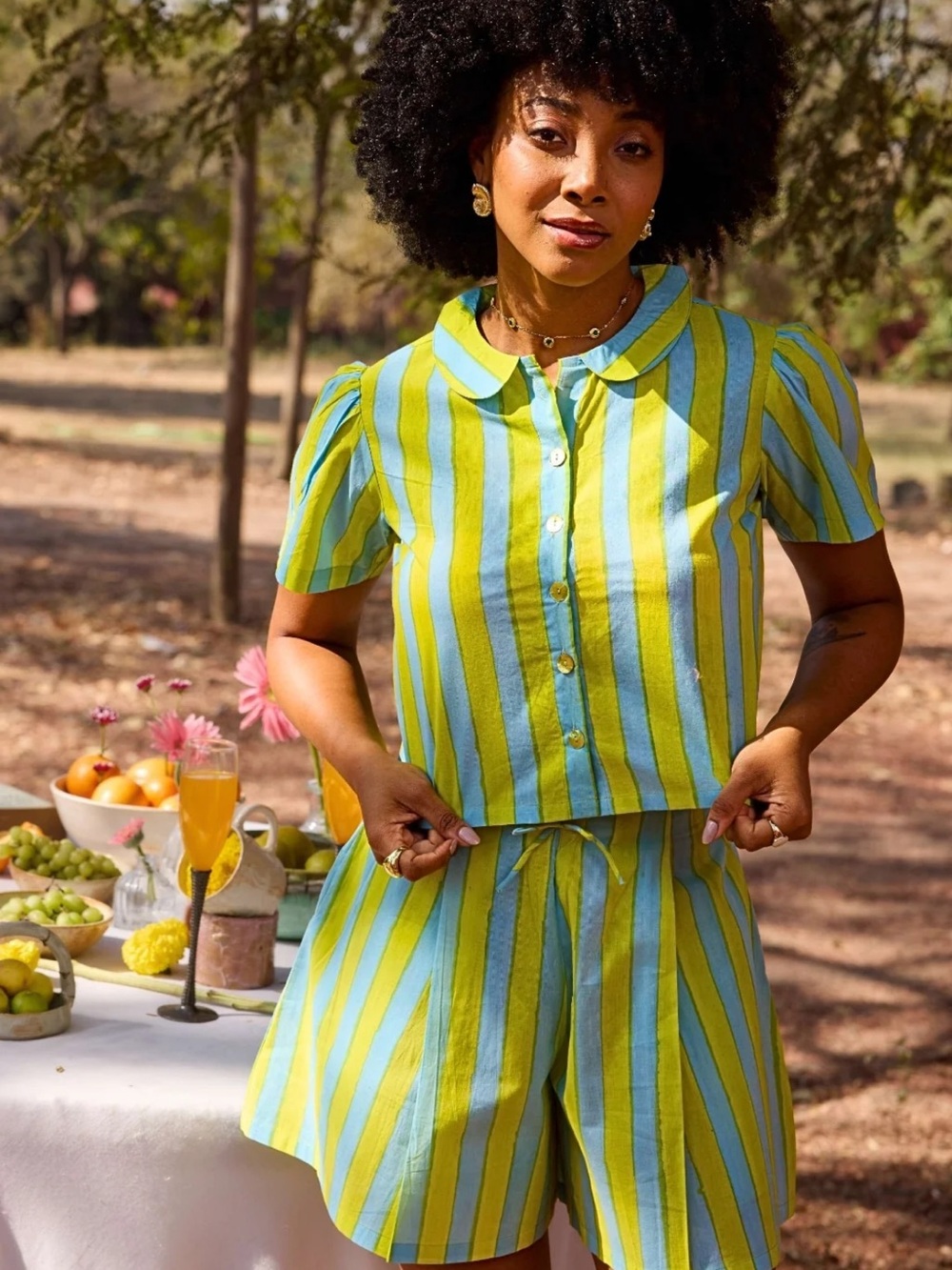 Women's Striped Two-Piece Short Set - Lime Green & Sky Blue